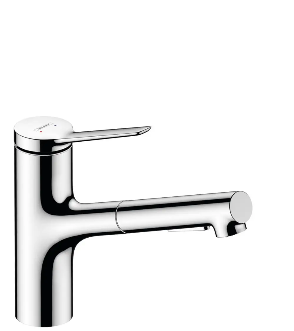 Hansgrohe Spültischmischer mit einem höhenverstellbaren Auslauf und einem Hebel für die Wassersteuerung, in einem glänzenden Chrom-Finish.